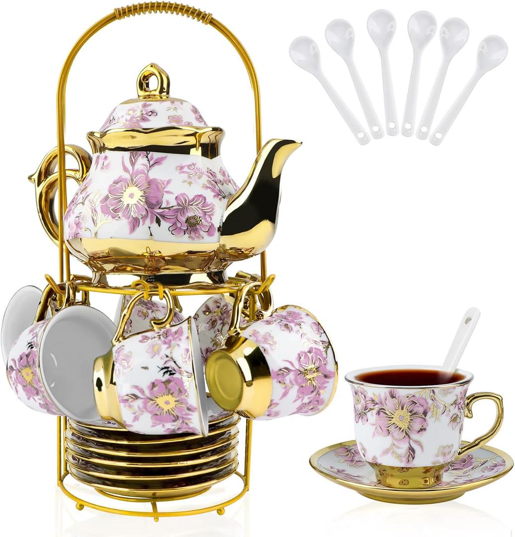 20 Pcs Porcelain Tea Set with Metal Holder, European Ceramic Tea Set for Adults, Adult Tea Set Gift, Flower Tea Cup Saucer Set for Party With Gold Flower Painting (Elegant Purple/500ml)
