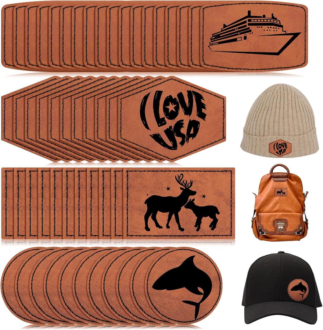 80 Pcs Blank Leatherette Hat Patches Laserable Leather Patch Bulk Iron on Heat Press with Adhesive Rustic Faux Supplies for Clothes Dress Fabric Repair Sew DIY Crafts(Round and Rectangle,Khaki)