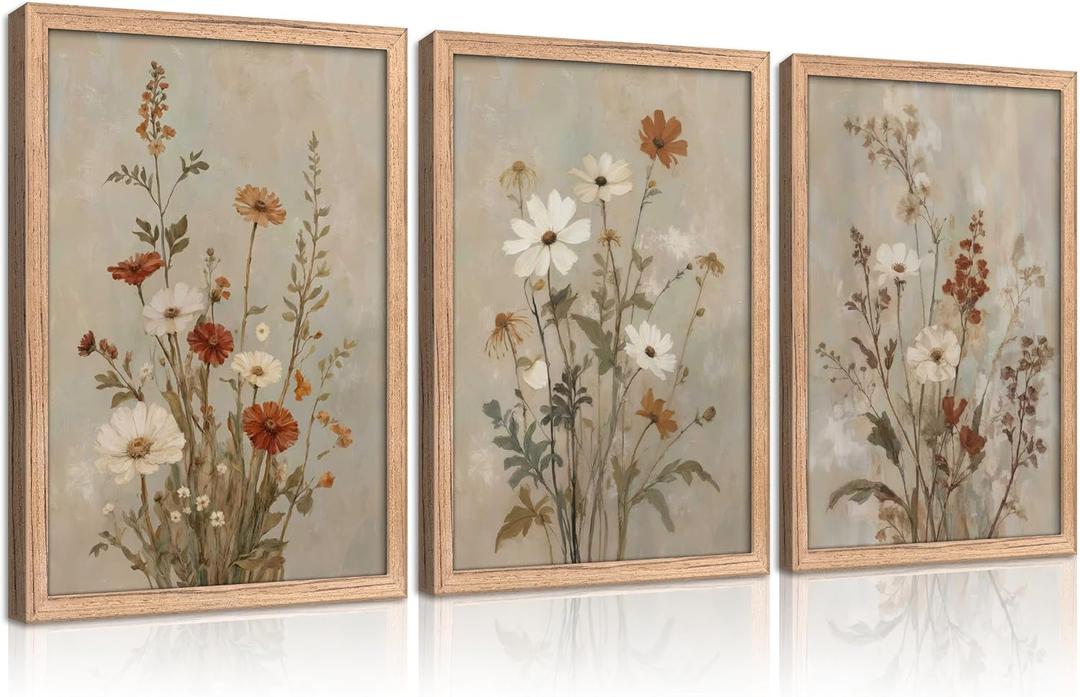 3Pcs Vintage Wildflower Canvas Wall Art Country Farmhouse Watercolor Flowers Painting Picture Wall Decor Boho Botanical Poster Print Artwork for Living Room Bedroom Dining Room Office Home Decoration