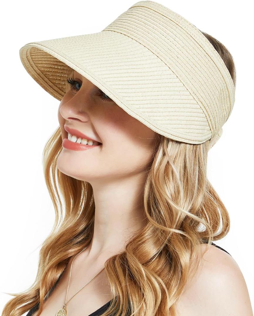 Sun Visor Hat for Women, Wide Brim Straw Summer UV Protection Hat, Foldable Roll-up Packable Beach Cap (Beige)
