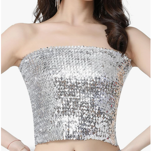 Women's Sequin Tube Top Stretchy Sleeveless Crop Tops Metallic Sparkly Tube Tops for Halloween Party Clubwear, S, Silver