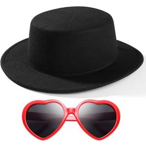 SpareCruise Kids Fashion Classic Black Fedora Hats + Red Heart Sunglasses Costume Outfit - Flat Wide Brim Church Cap Jazz,for Girls