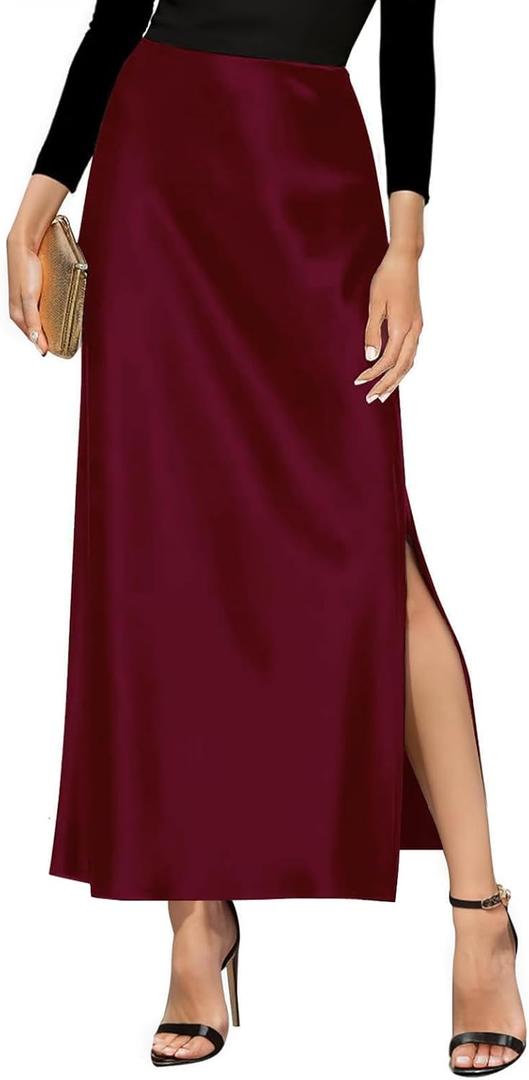 Women's Satin High Waisted Side Split Maxi Skirt Elastic Waistband Long Silk Skirts A-Line Skirts for Women (Wine Red)