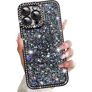 for iPhone 16 Pro Max Case, Glitter Crystal Diamond Sequin Design, Shiny Bling Luxury Phone Case for Women Girls, Aesthetic Cute Full Protection, Soft TPU Slim Shockproof Phone Case, Black