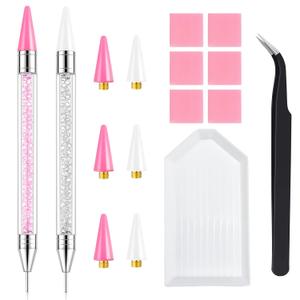 Rhinestone Picker Tool, 2-Pack Diamond Painting Dotting Pen with 6 Extra Wax Tips & Precision Tweezer, Wax Pencil for Rhinestones, Nail Art DIY Kit