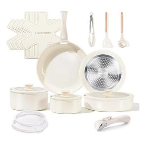 Chef Power Ceramic Cookware Set Non Toxic with Detachable Handles, Healthy Nonstick Pans and Pots Set 19 Pcs, Induction Dishwasher Oven Safe Kitchen Set, PFAS PFOA & PTFE Free, Cream White