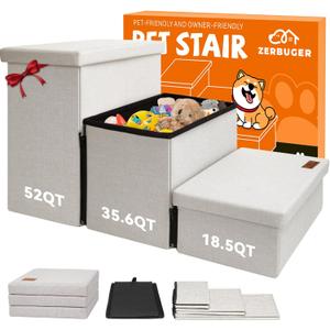 Zerbuger Dog Stairs with Storage 18" H, 3Step Wider Dog Steps for Small/Medium/Large Old Dogs Cats, Folding Sturdy Pet Stairs Climbing Bed or Couch, Ramp for Car Up to 200 lbs (Beige, No Condo)