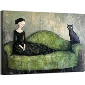 Woman Black Cat Canvas Wall Art Vintage Moody Green Sofa Feminine Decor painting Pictures Funny Girl Black Cat Posters Prints for living room Bathroom Bedroom Office Hallway Home Decoration, 24"L x 16"W