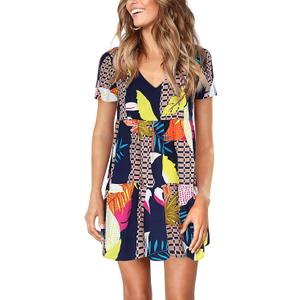 Amoretu Women Summer Tunic Dress V Neck Short Sleeve Casual Loose Flowy Swing Shift Dresses (Blue)