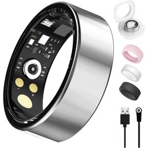 Smart Ring for Women Men, Health Tracker with Heart Rate/Blood Oxygen/Blood Pressure/Sleep Monitor/Step Counting, IP68 Waterproof Fitness Ring, No App Fees (Silver, 8#)