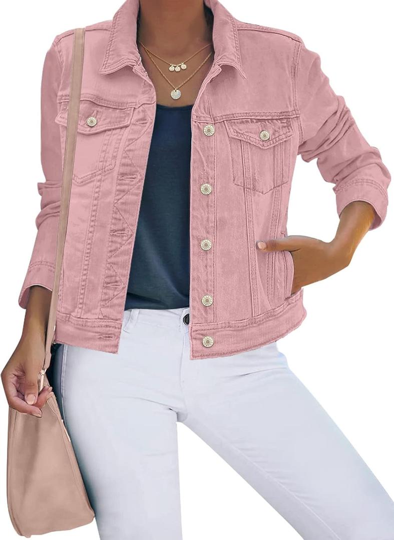 Luvamia Women's Classic Casual Long Sleeves Jacket - Basic Button Down Trucker Jacket Coat - Pink, X-Small / Size 0 / 2