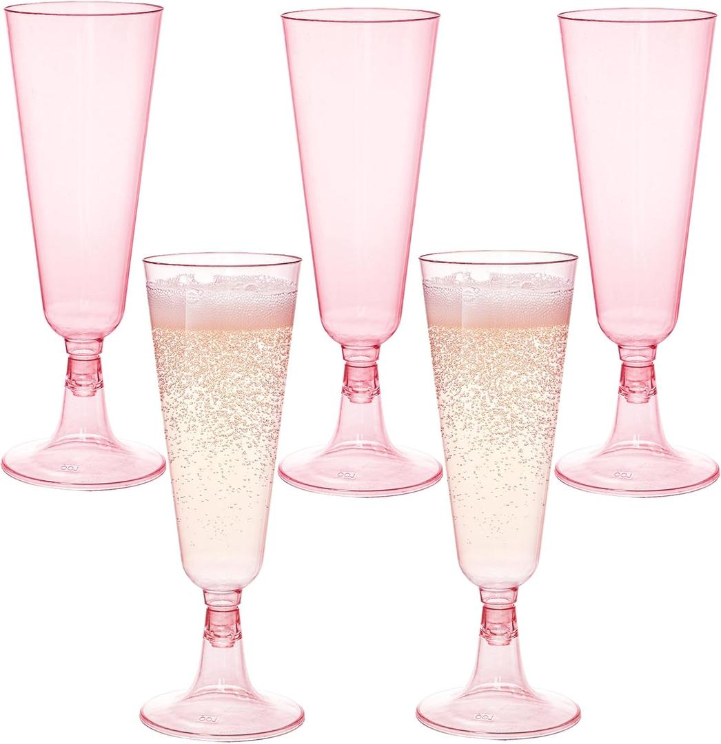 Hedume 70 Pack Pink Champagne Flutes, 5oz Disposable Plastic Wine Glasses, 2-Piece Disposable Champagne Glasses for Celebration, Wedding, Party, Valentine's Day, Mother's Day
