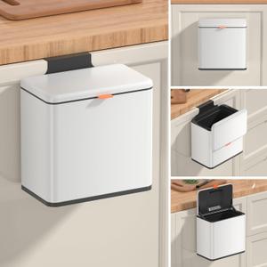 Mbillion Kitchen Compost Bin Hanging Trash Can with Lid 1.05 Gallon Stainless Steel Garbage Can for Kitchen Cabinet Door Mounted Trash Can Under Sink Door RV Bathroom,White