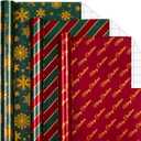 MAYPLUSS Shiny Christmas Wrapping Paper - 17In x 120In Per Roll - Classic Red & Green Stripe, Forest Green & Gold Snowflake, Red & Gold Merry Christmas Text Design Gift Wrap Paper for Holiday, Party