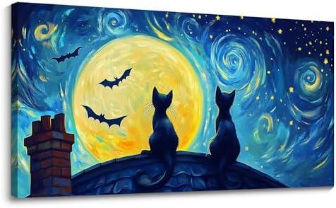 CHATYOUNG Large Living Room Wall Art, Abstract Starry Night Cat Animal Canvas Prints Dark Blue Wall Pictures Ready to Hang Bedroom Kitchen Hallway Home Office Artwork Painting Decor 29x58 IN