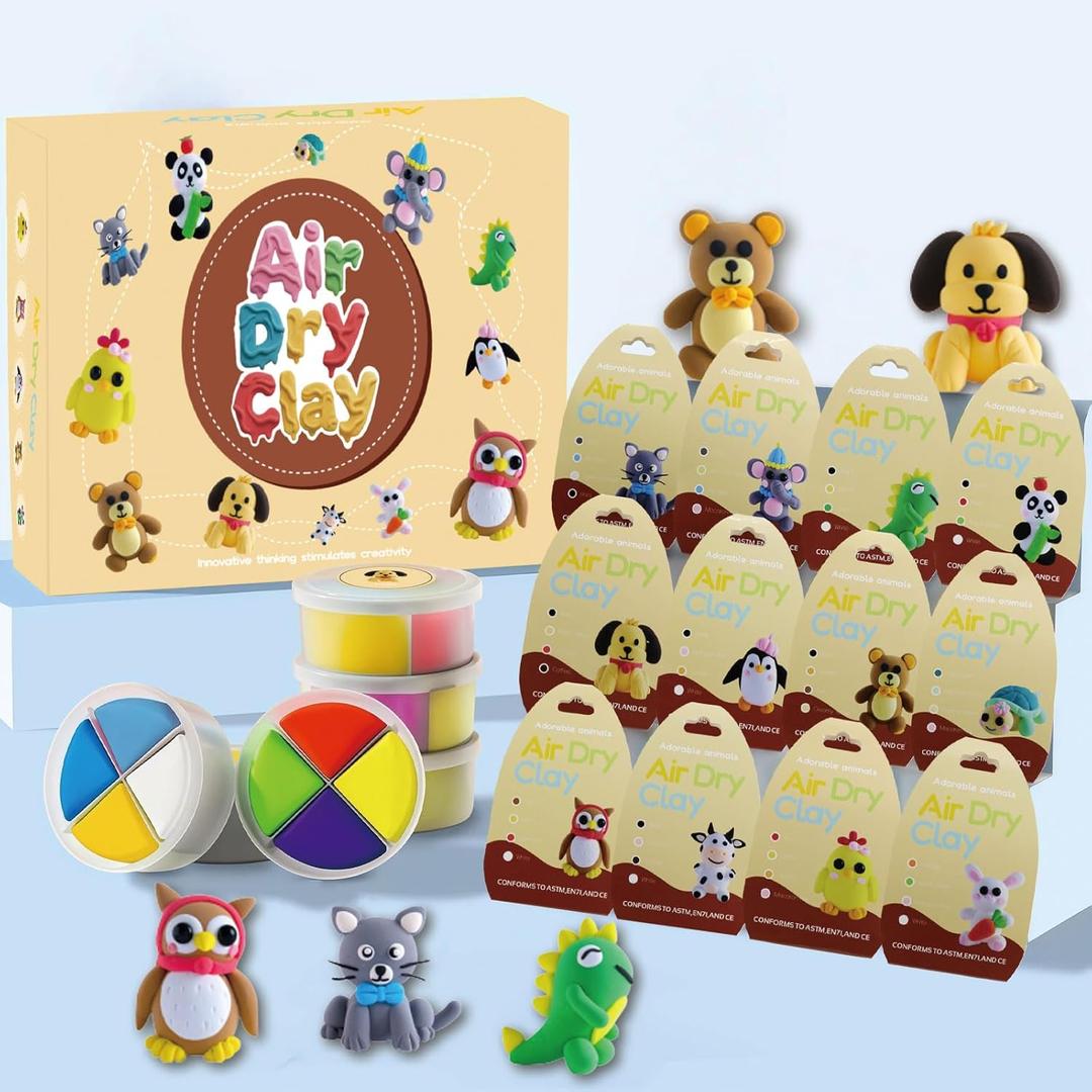 Air Dry Clay Kit for Kids - Animal Themed,12 Animals DIY Molding Clay Art Crafts Set for Kids Girls Boys Easter Gifts for Easter Basket Fillers Egg Fillers Party Favors (Animal)