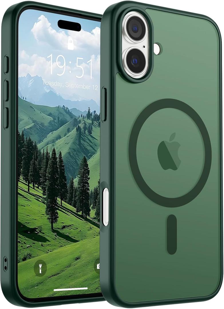 SUPFINE Magnetic for iPhone 16 Case (Compatible with MagSafe) (Military Grade Drop Protection) Slim Translucent Matte Shockproof with Anti-Fingerprint Phone Case, Forest Green