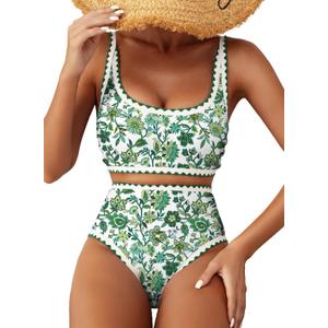 Herseas Women's Bikini Sets Floral Print Whip Stitch 2 Piece Swimsuits High Waisted Scoop Bathing Suits (Green, Small)