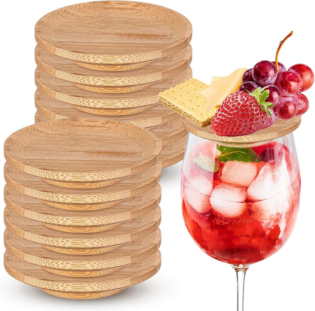 Mumufy 16 Pcs Wine Glass Charcuterie Topper Bamboo Round Mini Charcuterie Boards Dual Use Cups Topper Plates for Family Gatherings Bars Restaurants (4'')