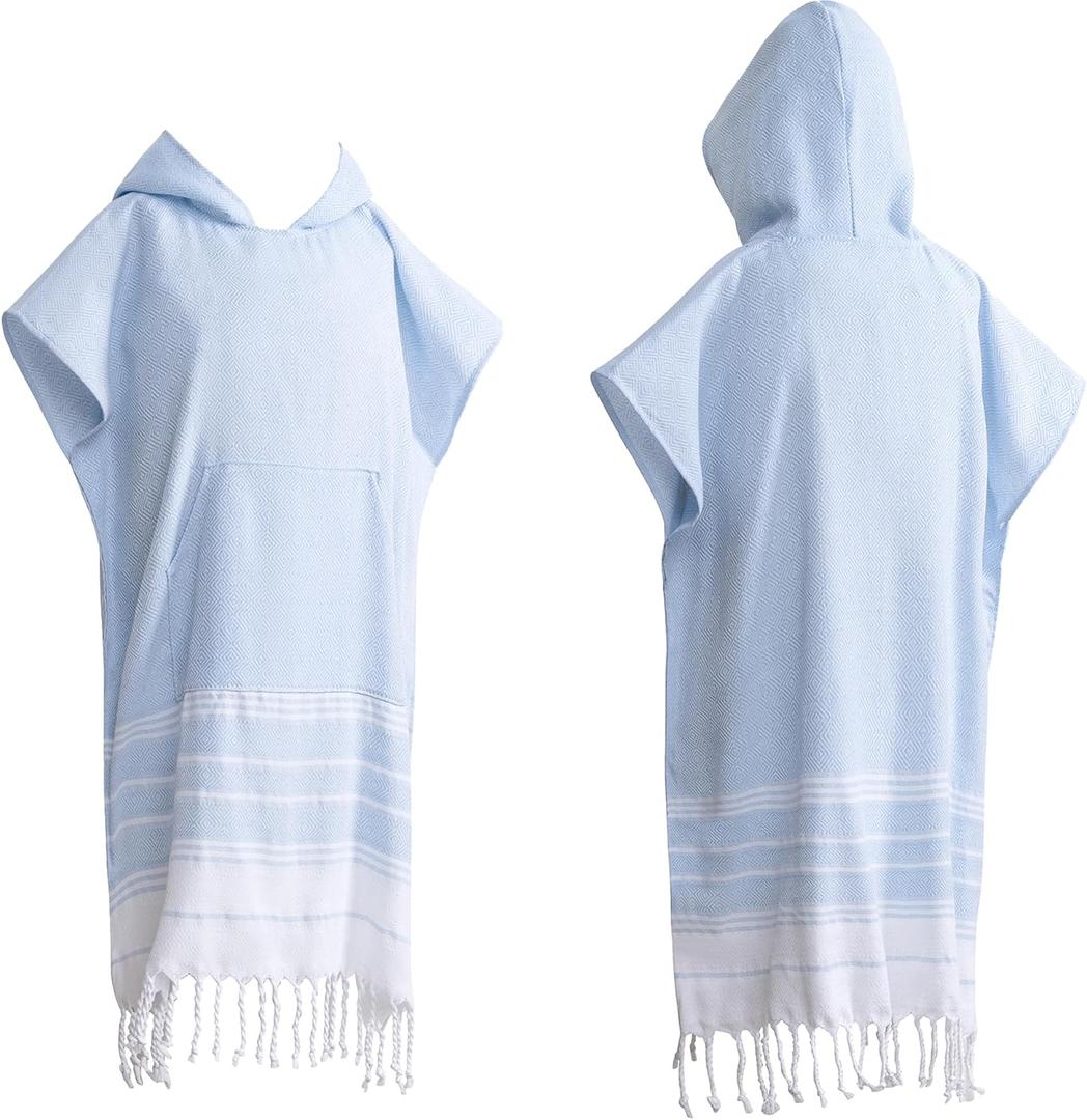 1pcs Turkish Towel Poncho Turkish Cotton Beach Poncho wim Cover Up Wearable Towel Hooded Poncho with Pocket for Adult Man Women (Lake Blue)