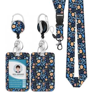 Lanyards with lD Badges,Breakaway Lanyard Strap and Retractable Badge Reel Carabiner Clip Cute Fashionable Vertical ID Card for Nurse,Teacher,Work Office - Blue Flowers