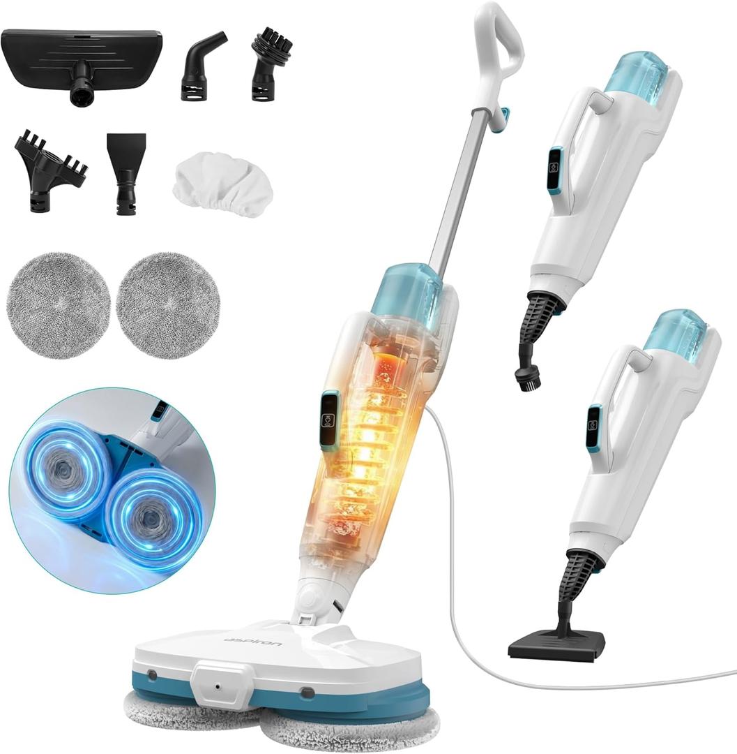 Aspiron Steam Mop, 10-in-1 Steam Mop and Handheld Steamer, 15s Heat-Up, Self-Rotating Scrub Pads, 2 Steam Modes with Spray,500ML Removable Tank,LED Light,Floor Steamer for Hardwood,Tile, Carpet,Car