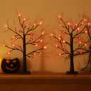 2 Pack Halloween Tree, 2FT Black Tree with 24 LED Orange Lights, Pumpkins and Ghosts Ornaments, Battery Operated Halloween Decorations Indoor, Lighted Spooky Tree for Table Centerpiece Home, Timer