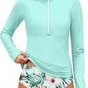 Girls Rash Guard Swimsuit Half-Zip Long Sleeve Modest Bathing Suit with Chest Padding 2Pcs Teen Girl Swimwear UPF 50+ (Blue, S)