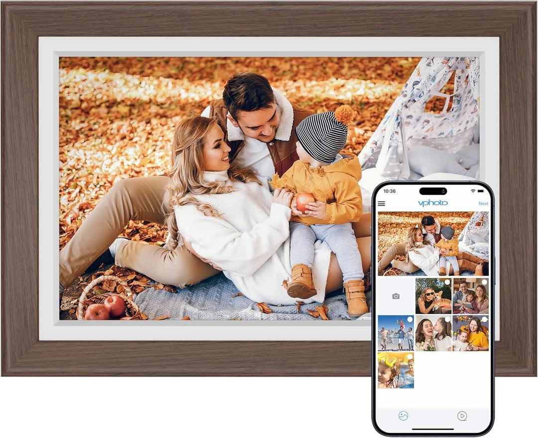 Dragon Touch Digital Picture Frame WiFi 10 inch IPS Touch Screen Digital Photo Frame Display, 32GB Storage, Auto-Rotate, Share Photos via App, Email, Cloud, Classic 10 Brown (Walnut wood)
