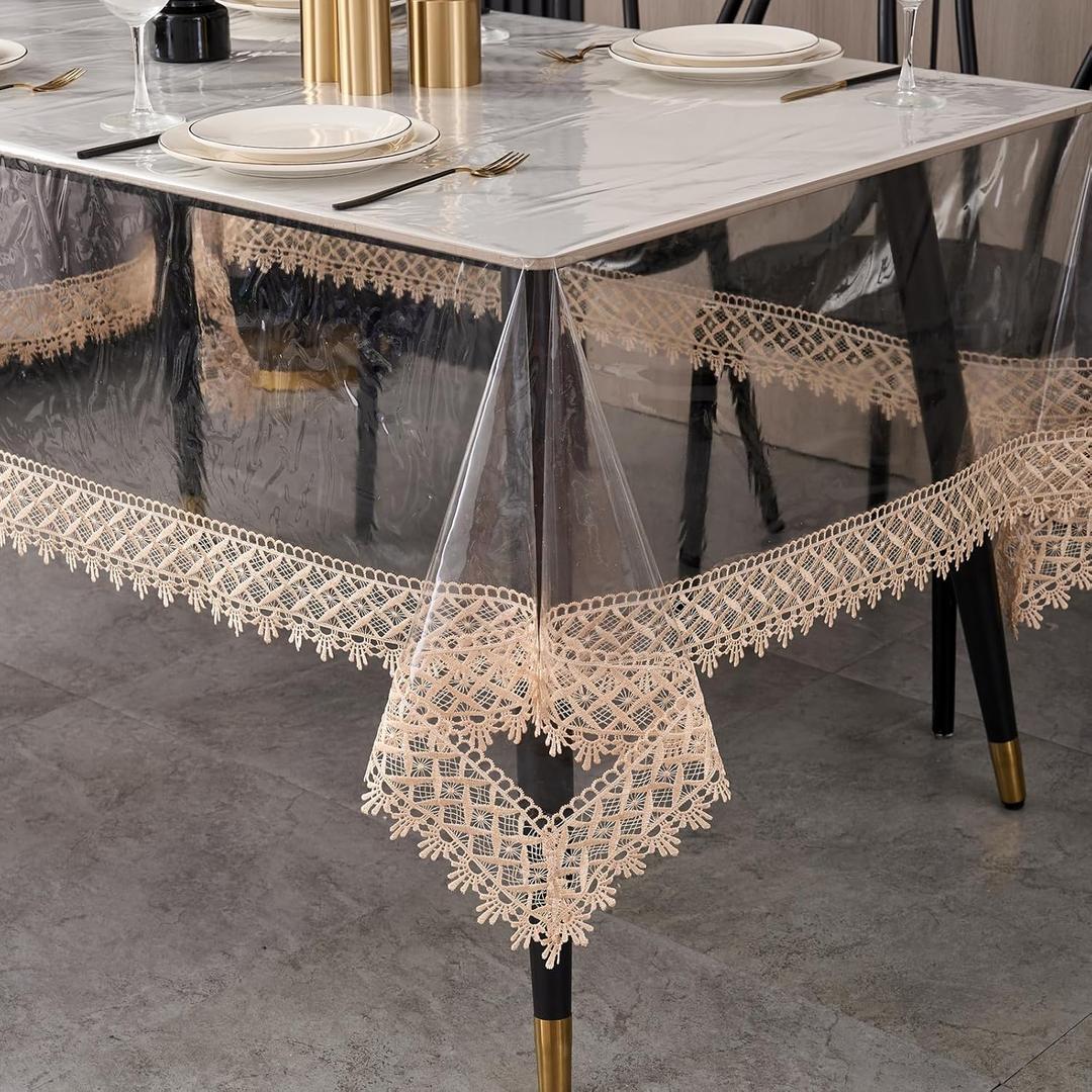 LIBERECOO Clear Plastic Table Cover Protector, Square Waterproof Oilproof Vinyl Tablecloth, 60 x 108 Inch Heavy Duty Wipeable Reusable Transparent Table Cloth for Dining & Party (Victorian Garden Lace Trim)