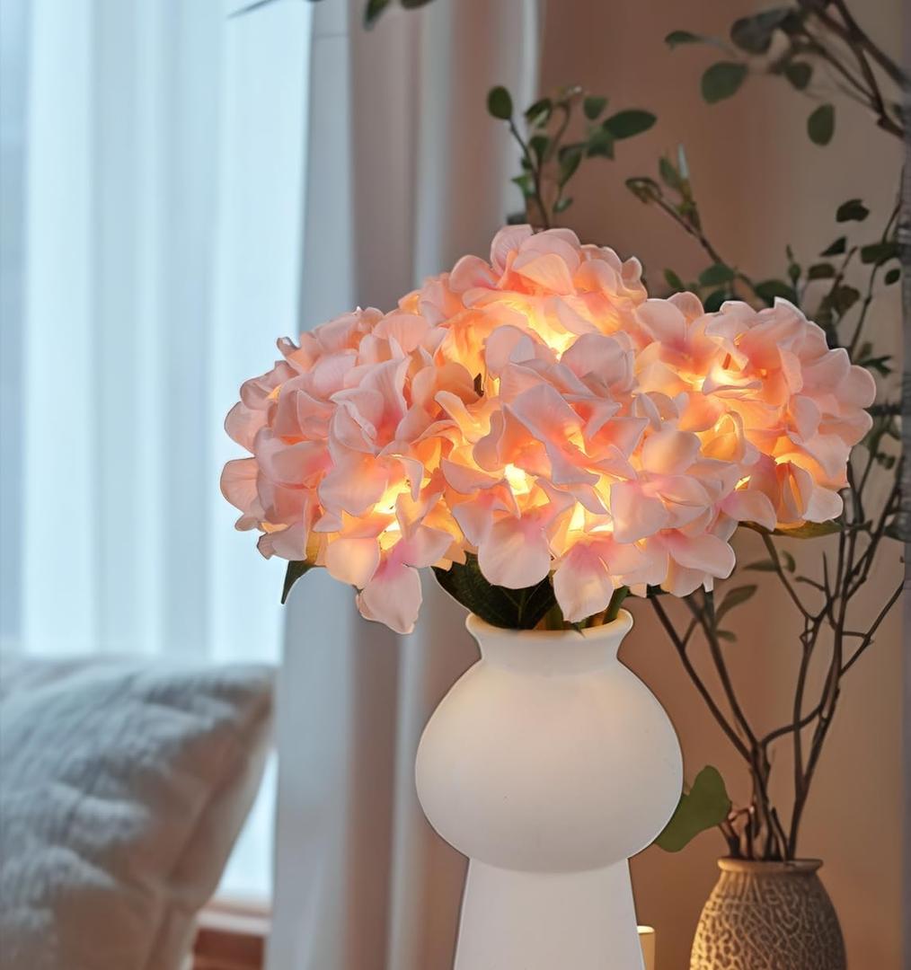 HOMESEASONS Artificial Hydrangea Bouquet Lamp Faux Hydrangea Flowers with LED Lights, Faux Flowers Night Light for Home Office Party Holiday Wedding Decor Gift of Anniversary Birthday (Pink)