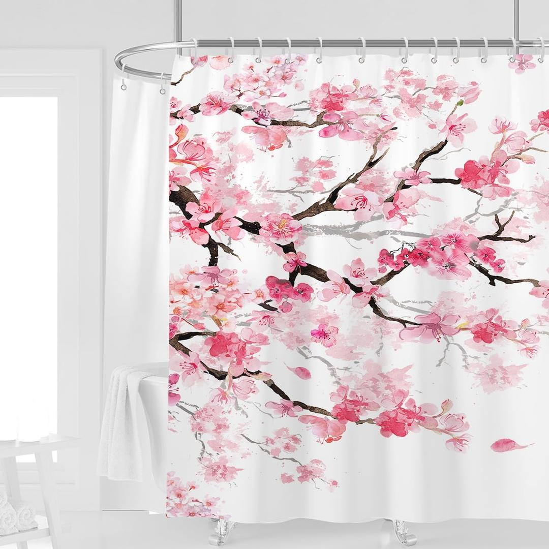 Extra Wide Shower Curtain All Around Clawfoot Tub 180''W x 70''L Pink Cherry Flowers Plum Sakura Blossom Japanese Asian Style Polyester Fabric 32 Pack Plastic Hooks