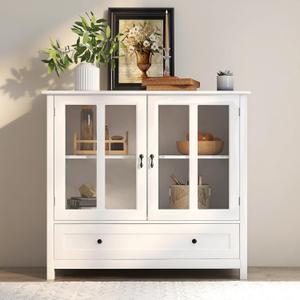 Sideboard Buffet Cabinet, Modern Wooden Kitchen Storage Cabinet with White 2 Glass Doors & Large Drawers, Accent Coffee Bar Console Table for Living Room, Dining Room, Hallway