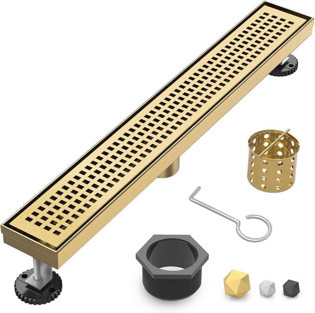 Linear Shower Drain | 24 Inch AISI 304 Stainless Steel Shower Drain, Brushed Gold Linear Drain with Removable Quadrato Grate Cover & Adjustable Feet, Rectangle Floor Drain, in Bathroom Balcony etc