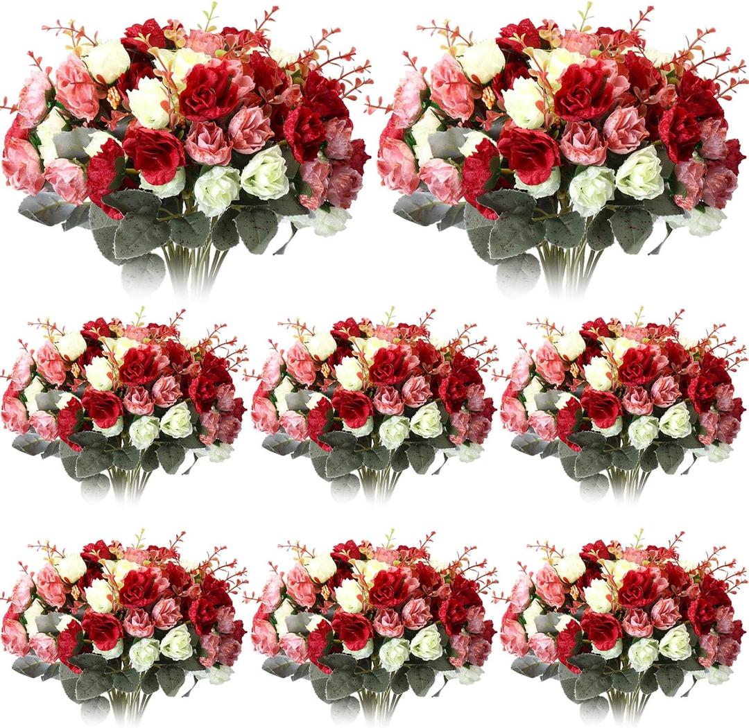 Geosar 8 Pcs Rose Artificial Flowers Fake Flowers Bouquet 21 Heads Silk Faux Floral Bundles with Stem for Home Bridal Wedding Arrangements Table Centerpieces Party Decor (Mixed Colors)