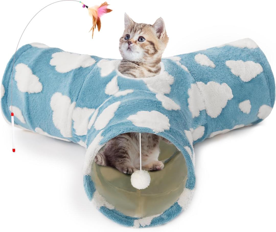 Tempcore Cat Tunnels for Indoor Cats, Cat Tube Toys 3 Way Collapsible, Pet Play Tunnel with Peek Hole Toy Ball for Kitty, Kitten, Rabbit, Blue Cloud