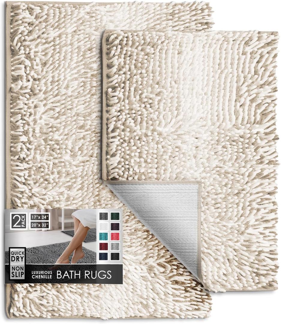 Hearth & Harbor Bathroom Rugs, Chenille Bath Mat - Machine Washable Bath Mats for Bathroom Non-Slip Backing Rubber, Quick Dry Bathroom Mat, 17 x 24 + 20 x 32 - Ombre Beige