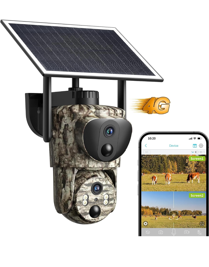 4G LTE Cellular Trail Cameras, Dual Lens Security Camera Built-in SIM Card, 2K 360°View Live Video Game Camera, No-Glow IR Night Vision, Motion Activated, Solar Powered, Remote Phone Access