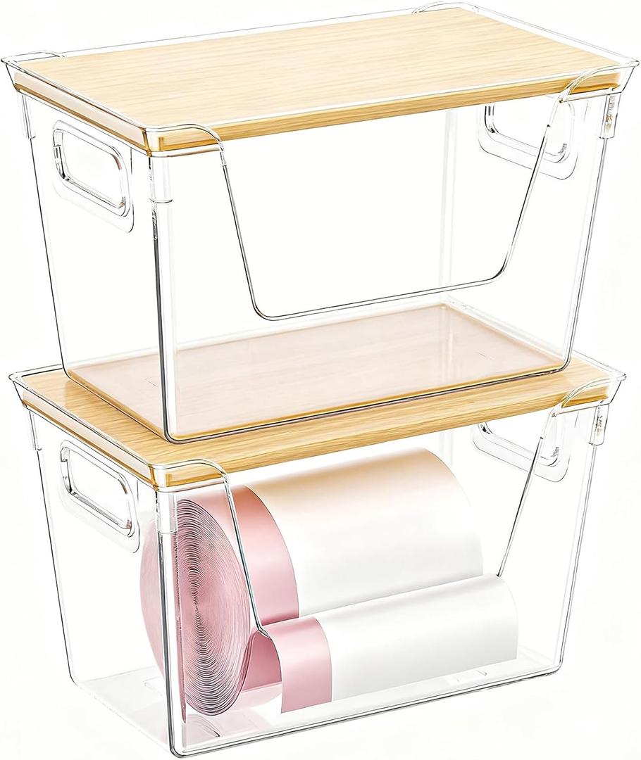 2 Pack Trash Bag Dispenser with Bamboo Lid, Stackable Trash Bag Holder, Large Clear Garbage Bag Organizer for 4-33 Gal Bags, Space-Saving Under Sink Organizer for Kitchen, Laundry, Pantry