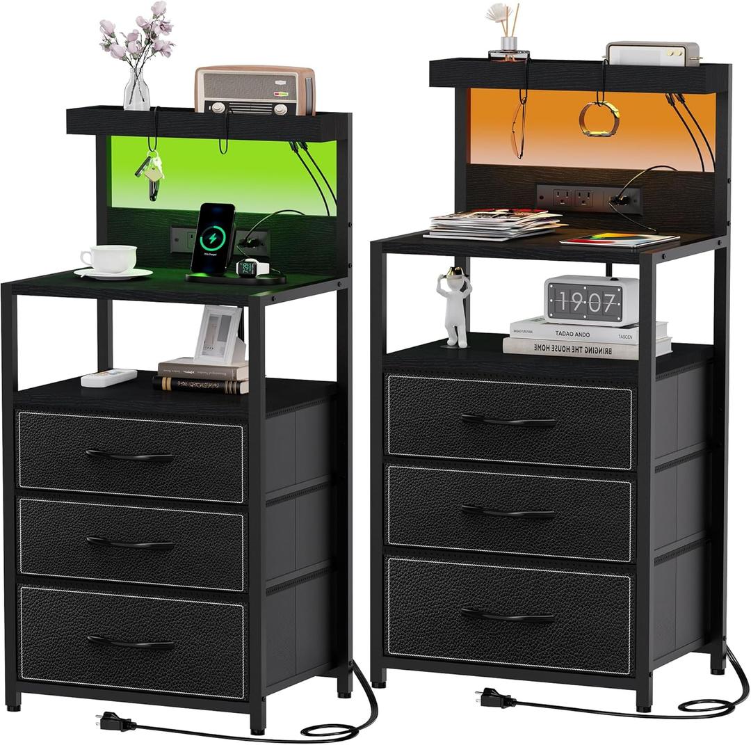 SZLHANJZ Night Stand Set 2 with LED Lights, Bedroom Nightstands with Power Outlet and Type C Port, Bed End Tables with 3 Fabric Drawers, Matching Bedside Tables with Hooks and Shelves, [Black Larger Set, 15.7"D x 17.7"W x 38.6"H (3 Drawers)]