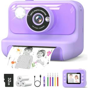 Kids Camera Instant Print, Christmas Birthday Gifts for Girls and Boys, 1080P HD Video Digital Kids Camera with 32G Card, Toddler Camera for 3-12 Years Old, Purple