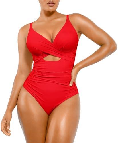 SHAPELLX Tummy Control Swimsuits Women V Neck One Piece Bathing Suit Ruched Push Up Slimming Swimwear Built-in Bra, L