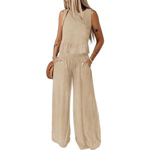 Dokotoo Pants Sets Women 2 Piece Outfits Sleeveless Round Neck Tank Tops Matching Sets for Women Elastic Waist Wide Leg
, Size S