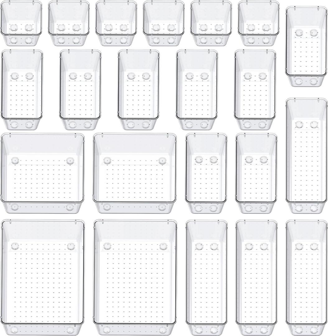 SMARTAKE 22-Piece Drawer Organizer with Non-Slip Silicone Pads, 5-Size Clear Desk Drawer Organizer Trays Storage Tray for Makeup, Jewelries, Utensils in Bedroom Dresser, Office and Kitchen, Clear