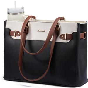 LOVEVOOK Laptop Tote Bag for Women Work, Teacher Tote Bag with Large Cup Holder, Waterproof Leather Computer Bag