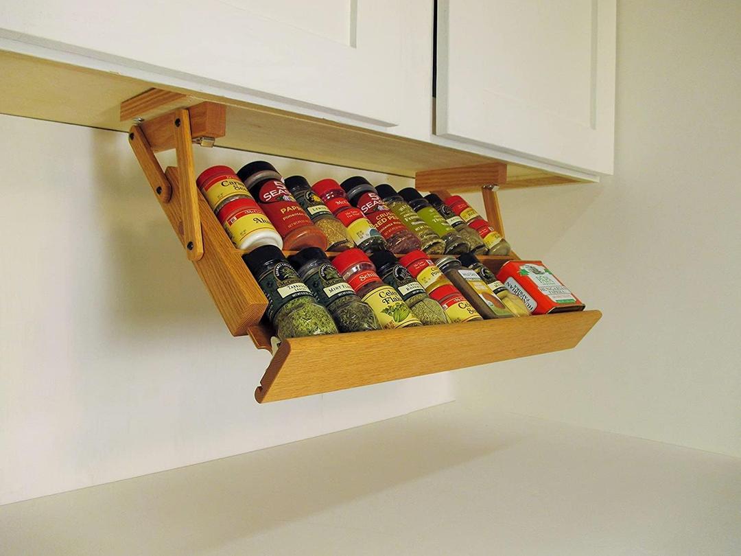 Kitchen Storage Under Cabinet Spice Rack, Handmade Hardwood, Holds 16 Large or 32 Small Spice Containers