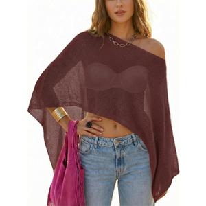 WeciBor Women's Wine Red Sheer Poncho Tops Lightweight Shrug Cover Up Knit Bolero for Beach Vacation Clothing