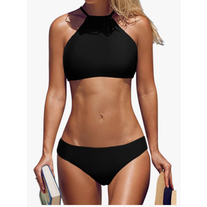 beautyin Womens Halter High Neck Bikini Swimsuit Set Cross Back, Black S