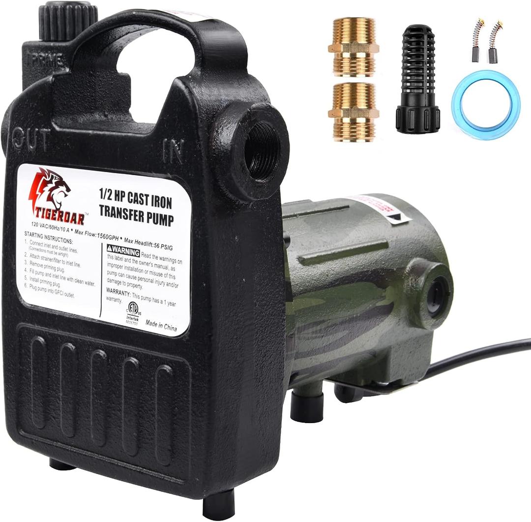 TIGEROAR 120V Water Transfer Pump 1560 GPH Cast Iron 1/2 HP Portable Pump with 6 ft. Power Cord for Pool Pump with Multipurpose Water Transferring - Camouflage Color