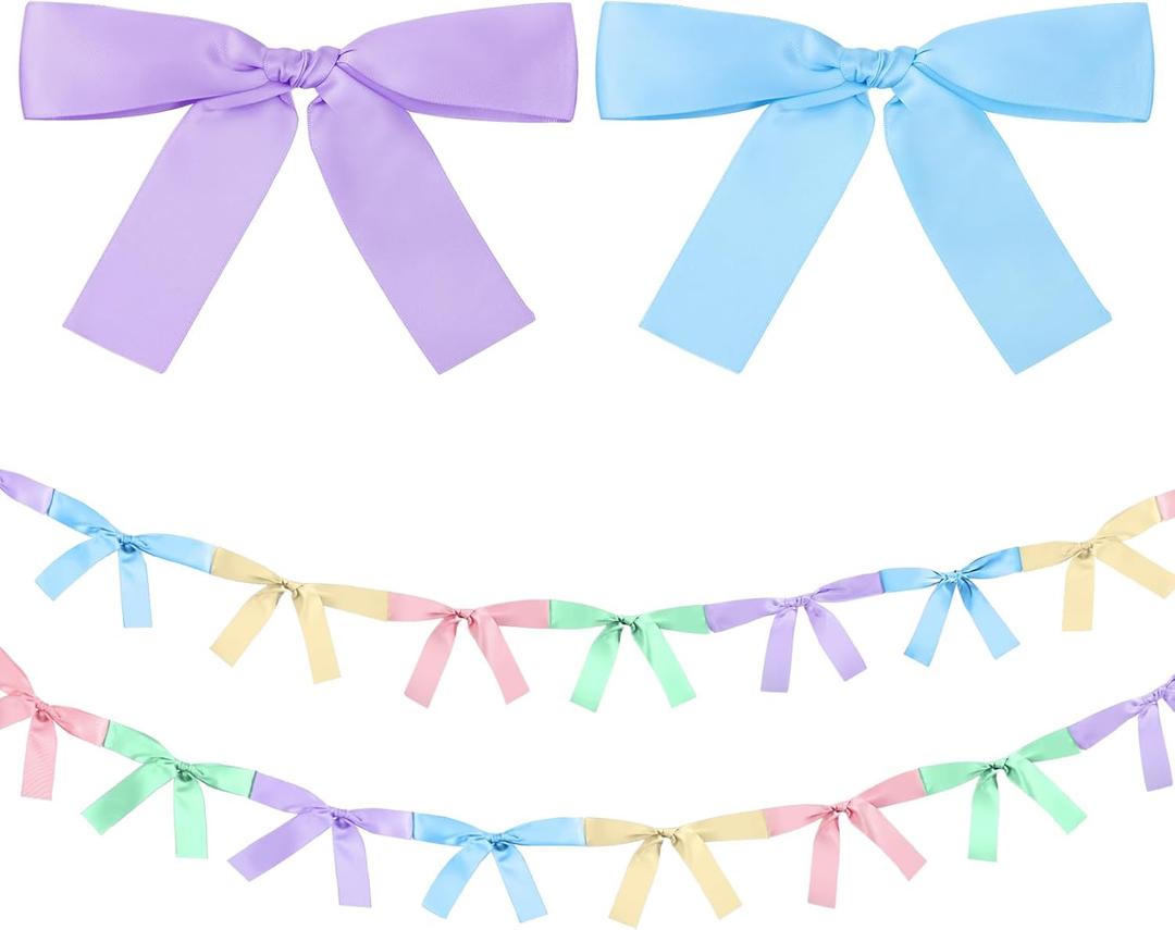 2 Pcs Pastel Bow Garland Banner 16.4 ft Pre-Strung Satin Ribbon Bow Banner for Coquette Bridal Shower Baby Shower Party Decor Supplies